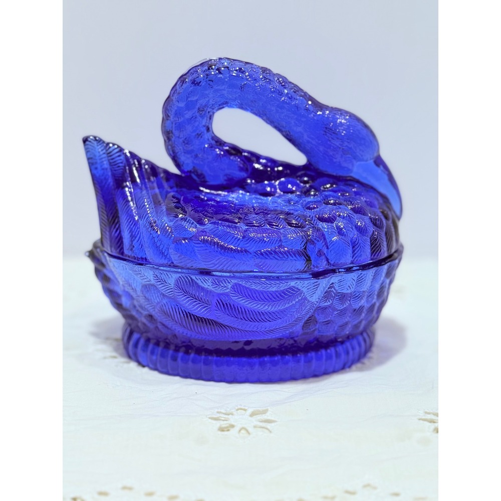 Vintage Cobalt Blue Glass Swan on Nest Trinket Dish Lidded Candy Box Decor